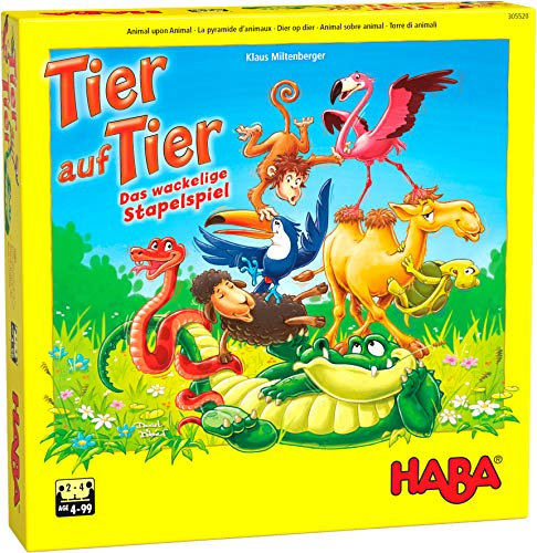 HABA 305520 - Tier auf Tier – Das wackelige Stapelspiel, Geschicklichkeitsspiel für 2-4 Spieler ab 4 Jahren, das beliebte HABA Spiel mit neuen Tierfiguren