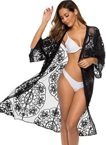Shuanghao Damen Sommer Swimwear Beachwear Bikini Pareos Cover Up Strandkleider Leichte Spitze Lange Sexy Elegant Bademode Badeanzug Beach Kleider Tunika Shirt Boho Kimono Cardigan Damen