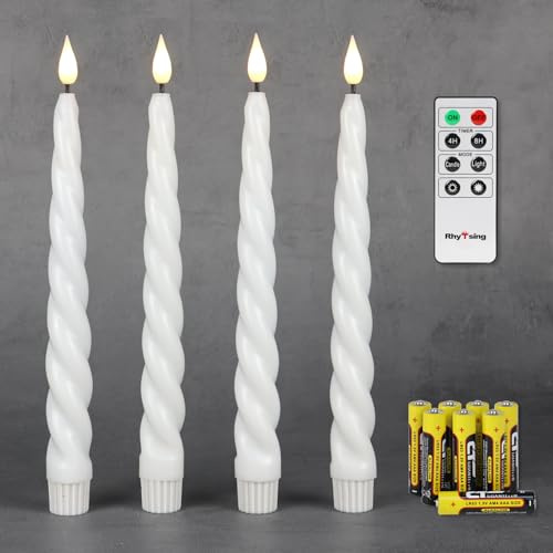 Rhytsing 4 flammenlose Stabkerzen Tafelkerzen Weiß Spiralkerzen gedrehte mit Timer Funktion, Leuchterkerzen mit warmweißes Licht, Fernbedienung und Batterien enthalten, Höhe 24,5 cm