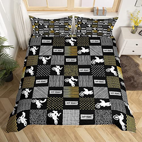Juego de ropa de cama para motociclistas de motocross, juego de funda de edredón para niños y adolescentes, deportes extremos, funda de edredón geométrica a cuadros de búfalo, 2 piezas, tamaño indivi