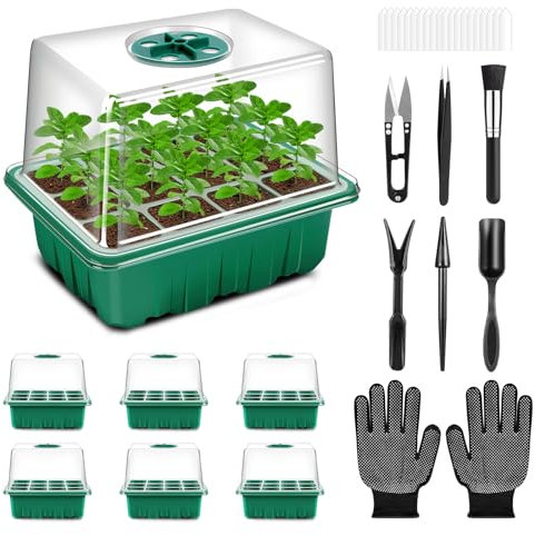 Verdenu Zimmergewächshaus Anzuchtkasten, 6 Stück Erhöhter Mini Gewächshaus Anzucht Set 7 Gartenwerkzeug Set Anzuchtschale mit Deckel und Belüftung für Sämling Pflanze