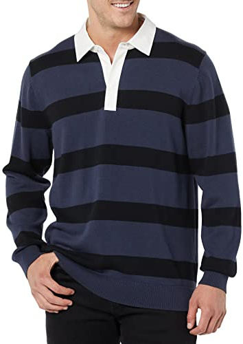 Amazon Essentials rugbytröja för män, mörk marinblå rand, Large
