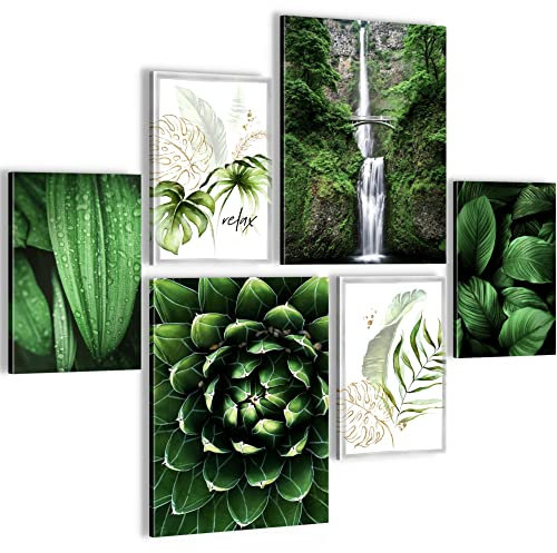 Novart Wandbilder Set Grüne Blätter Wasserfall Pflanze Natur - KEIN EXTRA RAHMEN BENÖTIGT - Modern Deko - Wohnzimmer Schlafzimmer N004063a