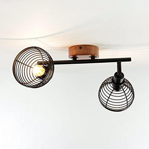 Licht-Erlebnisse Verstellbarer Deckenstrahler Holz Metall E14 Fassung, Schwarz, Deckenspot Küche Flur Wohnzimmer, Deckenleuchte Industrial Vintage Retro Stil schwenkbar
