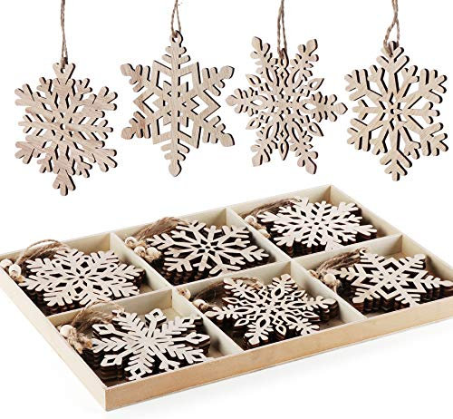 Schneeflocken Deko,24 Weihnachtsbaumschmuck Holz, mit Jute Christbaumschmuck Holz,für Holzanhänger Weihnachten&Weihnachtsbaum Deko,Winter Deko