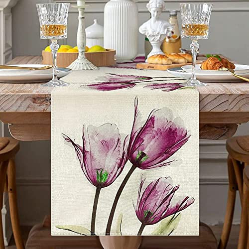 Avoik Runner da Tavola Moderno, Fiori Runner da Tavolo Motivo Stampato in Tela di Lino per Feste da Pranzo in Cucina Per Interni, Esterni, Feste, Soggiorno, Arredamento 33 X 180 cm (Viola)
