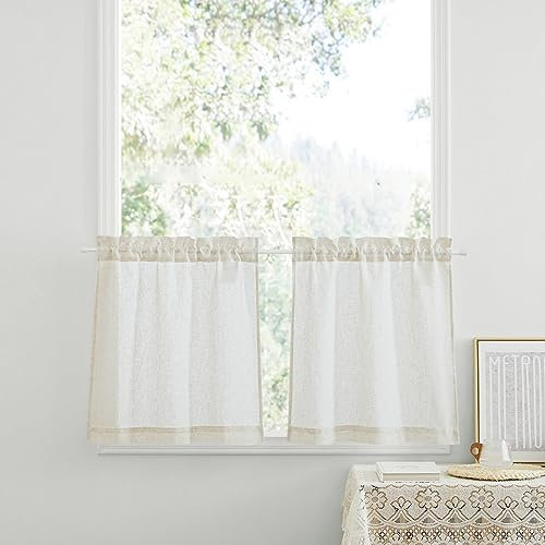 PONY DANCE Cortinas Cortas Dormitorio 60x45cm Cortinas de Lino Translúcidas Cortinas Cocina 2 Piezas Visillos Cortos para Ventanas Cortinas y Visillos, Crema