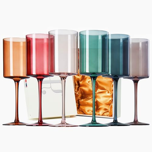 Colored Square Modern Crystal Wine Glass Set of 6, Unique Gift For Wife, Her, Mom, Friend - Large 12 oz Glasses, Colorful Italian Style Tall Drinkware - Red & White Color Beautiful Glassware - (Muted)
