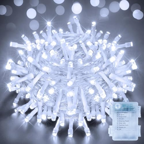 Ollny Fairy Lights Battery Operated, 15m 150 LEDs Bright Battery Powered String Lights, Cool White Outside Christmas Lights Waterproof with 8 Modes/Timer for Indoor Outdoor Bedroom Garden Decorations