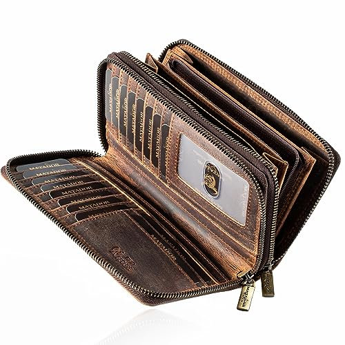 MATADOR Portemonnaie Damen Leder #Madrid mit Edle Geschenk Box, Eleganter Geldbeutel mit RFID Blocker, Luxus Frauen Portmonee Viele Kartenfächer in Hunter Braun
