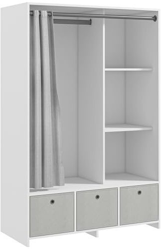 HOMCOM Armoire penderie, Dressing avec Rideau, Armoire Chambre vêtement, Garde-Robe avec Tringle, 3 Compartiments et 3 tiroirs en Tissu Amovibles - 105 x 48 x 160 cm, Blanc
