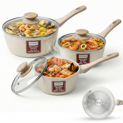 Rainberg Saucepan with Lid, Nonstick Milk Pan Suitable with Induction, Gas and Electric Hobs, Cooking Pot with Pour Spout. (Beige, 3PK 16-18 & 20cm)