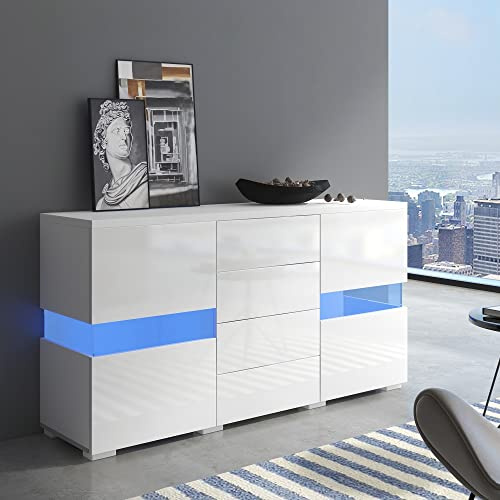 soges TV-Schrank Sideboard Konsolentisch Schubladenkommoden Hochglanz-Sideboards mit Schublade und Schrank mit LED-Licht für Esszimmer, Wohnzimmer, Küche 140 x 35 x 72 cm
