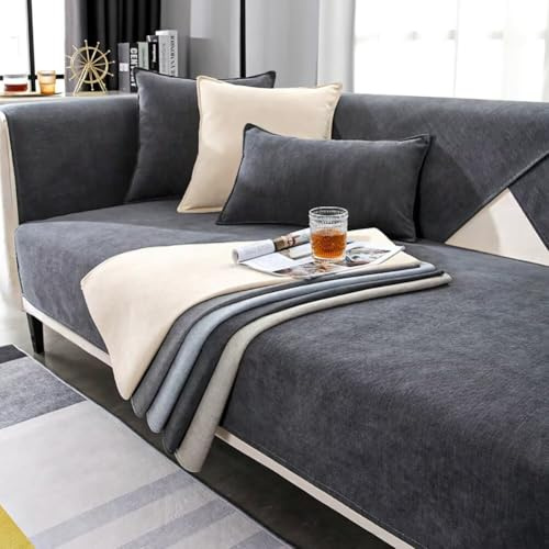 Edumov Sofa Überzug, Sofaschoner Rutschfester - Sofabezug Couchschoner L Form Ecksofa- Couch Überzug 2 3 4 Sitzer - Sofa Cover Überwurfdecke - Weiche Sofadecken Sitzfläche(Dunkelgrau, 90x180cm)