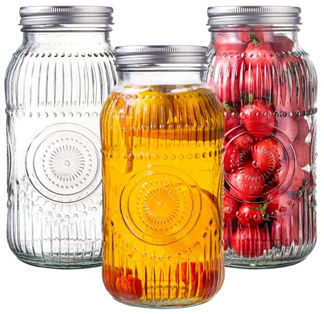 Amzcku 64oz vintage Mason Jars with Lids, Wide Mouth 2 Quart Canning Jar Half Gallon, Safe For Storage, Canning, Pickling, Preserving, Fermenting, DIY Crafts & Decor 3 Pack