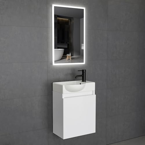 Alpenberger Waschbecken mit Unterschrank Gäste WC, LED Spiegel, Weiß | Kleiner Waschtisch mit Unterschrank hängend & Badspiegel 45x70 cm: Keramik, MDF, Soft-Close Tür, Überlauf, links Becken