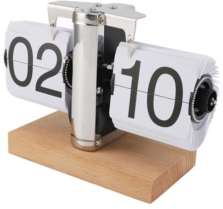 Ejoyous Retro Digitale Flip-Down-Uhr mechanische Klappuhr mit dickem Holz Basis Auto-Flip-Uhr Zahnradbetriebene Schreibtischuhr 24 H für Zuhause, Büro Weiße