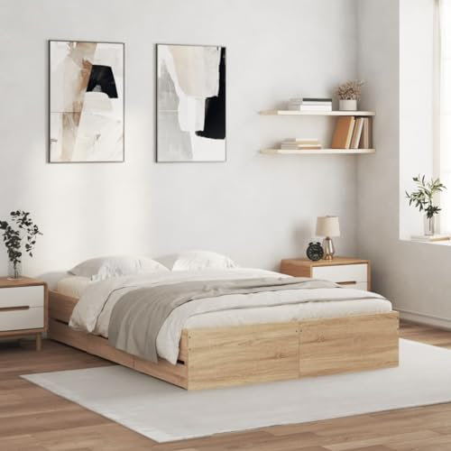 Homgoday Bett mit Schubladen Schubladenbett Holzbett Stauraumbett Bettgestell Bettrahmen Bett Einzelbett Doppelbett Gästebett Schlafzimmerbett Sonoma-Eiche 120x190cm Holzwerkstoff