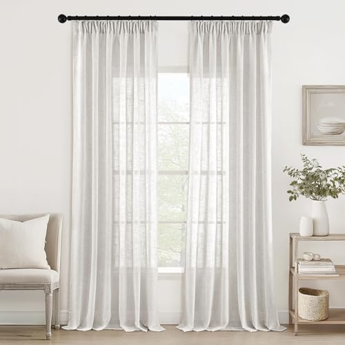 MIULEE Gardiner med rynkband, öglehalsduk, voilegardin, modern linnelook, halvtransparent för vardagsrum, sovrum, skjutgardiner, set om 2, linnevit, 160x140 cm