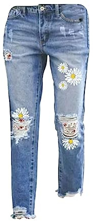 Trachtenjeans Damen Damen-Jeans mit geradem Bein und verwaschenem -Jeans im Distressed-Saum Jeans Slim Breite Jeans Hosen Damen High Waist (Red, L)