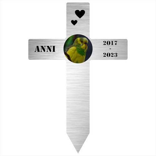 INDIGOS UG - Grabschmuck Vogel - 30 cm - Kreuz Edelstahllook - wetterfester Gedenkpfahl als Grabstecker - Text und Datum - individuell Schilder selbst gestalten mit Wunschname & Datum