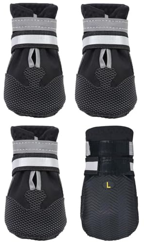 AMOMYDOG Hundeschuhe, 4 Stück Atmungsaktive Hunde Schuhe Outdoor mit Rutschfester Sohle, Verstellbarem Reflektierendem Klettverschluss Hundestiefel für kleine, Mittlere und Große Hunde (Schwarz, S)