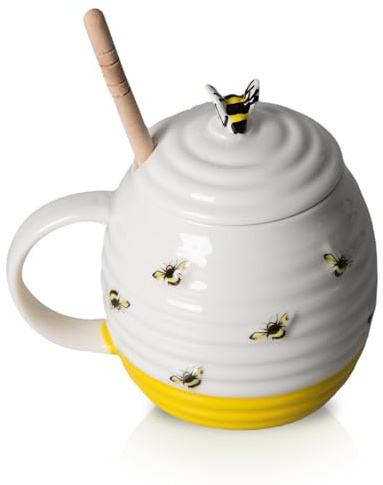 Prefdo Keramik-Honigtopf mit Holztropfer, britisches Design mit Honiglöffel, perfekt für Honig und Ahornsirup, 350 ml