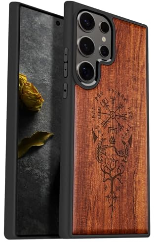 Carveit Coque pour Samsung S25 Ultra Étui [Pare-Chocs en TPU Souple] Coque de Téléphone Antichoc Compatible avec Galaxy S25 Ultra Etui Bois (Rosé-Viking Compas)