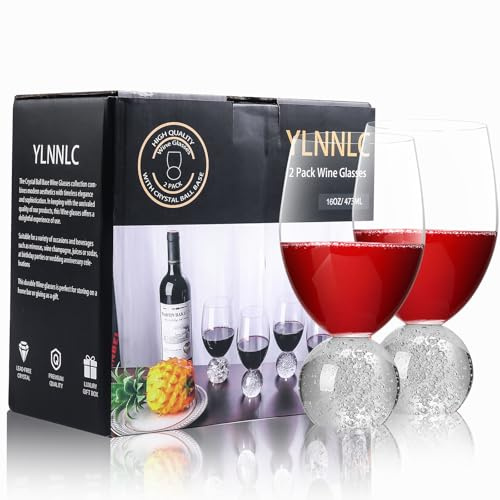 YLNNLC 2PC 16oz Stemless Wine Glasses with Crystal Ball Base, Lead-free, Set of 2 Red & White Wine Glasses for Daily Use, Party, Home Bar, Wedding Birthday, Christmas, Ideal Wine Accessories Gifts