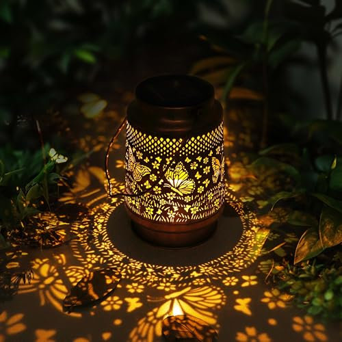 Lanterne Solari da Esterno, Lanterna da Giardino, Lampada Solare in Metallo con Farfalla Sospesa, IP65 Impermeabile, Lanterna Solare da Giardino per Patio, Cortile, Portico