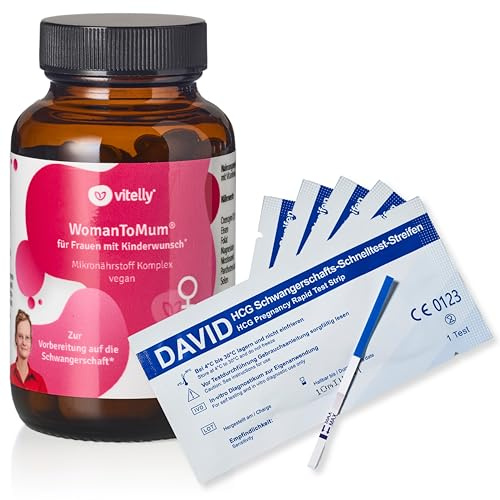 vitelly® - WomanToMum® Kinderwunsch-Tabletten + 5 Schwangerschaftstests I 14 hochdosierte Nährstoffe I 60 Kapseln