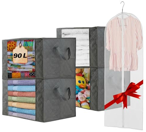 JIVAL19*22 Cajas Almacenaje Ropa 90L Pack 4 Cajas Organizadoras Bajo Cama y Armario Tela 3 Capas Asas Reforzadas Ventana Transparente