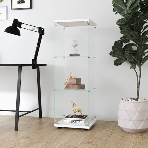 KEFSR Vitrine 3 Etagen, Glasvitrine mit 1 Tür aus Stahl, 125x42x36cm, ideal als Vitrinenschrank Wohnzimmer, Moderne Wohnzimmer Vitrine, weiß (Weiß, 3 Etagen 1 Türen)