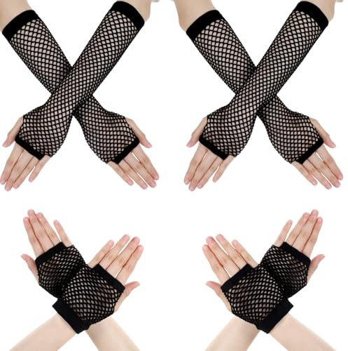 Bremorou 4 Paar Fishnet Arm Warmers Armstulpen Netz Schwarz Arm Strumpf Netz Netzhandschuhe Fishnet Fischnetz Handschuhe für 80er Jahre Verkleidung Kostüm Party Lieferungen Cosplay Kostümzubehör