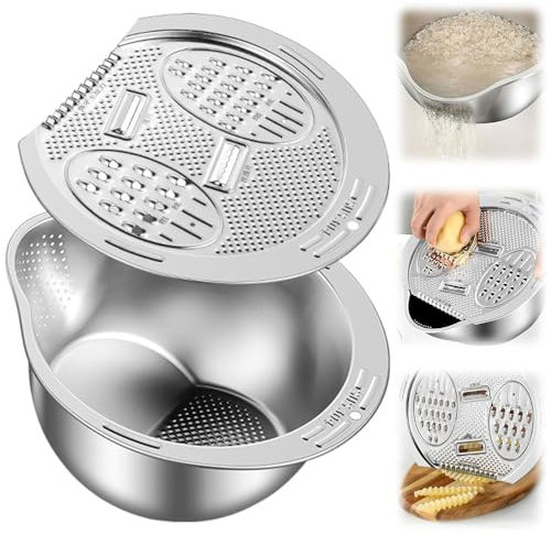Reissieb Edelstahl, 2025 Neuestes Multi-functional Drain Basket, Lebensmittelechtes Nudelsieb mit Ausgießer, Sieb Edelstahl Abtropfsieb Küchenspüle mit Schäler (Silbrig)