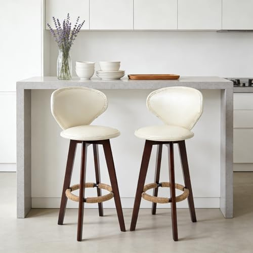 Warmiehomy Bar Stools Set of 2, Pu Leather Swivel Breakfast Bar Chairs with Wooden Legs, 70cm Seat Height Kitchen High Stools with Backs for Counter, Island, Dining Room, Pub, Bistro, Cafe, White