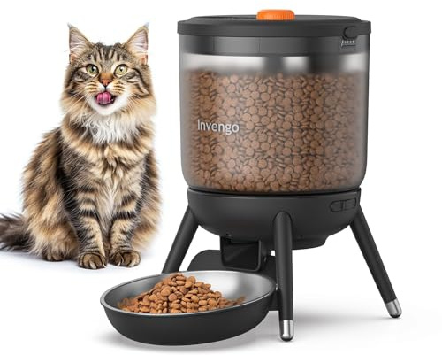 Invengo Comedero Gato Automatico con Dispensador Comida Gatos Temporizado, Alimentación con un Toque, Doble Fuente de Alimentación – Adecuado para Gatos y Perros Pequeños