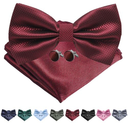 AUNGCSHE 4 PCS Herren Fliege mit Einstecktuch mit Geschenkbox, Einstellbar Volltonfarbe Fliege, Geeignet für Hochzeiten, Versammlungen, Abendkleider und Partys(Weinrot)