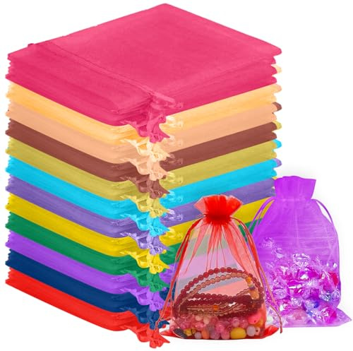 KENPOJO 120 Pezzi Sacchetti Organza 10x15 CM, Multicolore Sacchetti per Confetti con Coulisse, Sacchettini Bomboniere Trasparenti, Portaconfetti Sacchetto Regalo in Organza di Lavanda Gioielli Natale