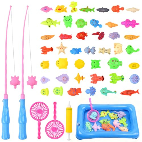 Huucozn 50 Giocattolo di Pesca Magnetico con Piscina Blu, 44 Pesci Galleggianti, 2 Canna da Pesca 2 Retini, Gioco di Pesca a Linea Gioco Pesci Calamita Giochi Acquatici Educativi per Bagnetto Piscina