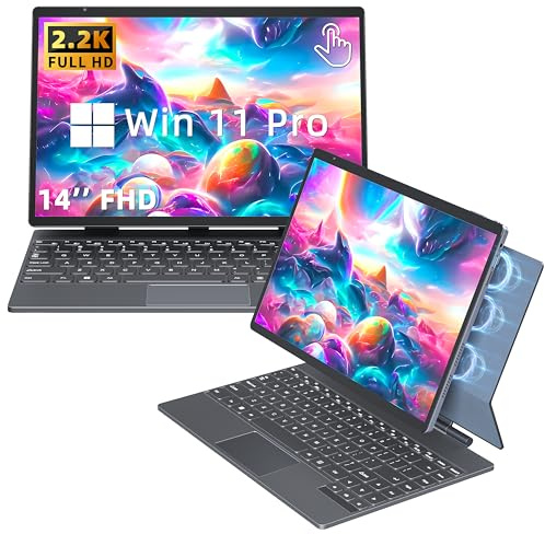 【Win 11 Pro/Office 2019】 2-in-1 Convertible Laptop, 14 2.2K Touchscreen, Detachable Magnetic Keyboard, 12th Gen Alder Lake-N95, 16GB DDR5 RAM 1TB SSD, HD Camera, Cooling Fan, Type-C