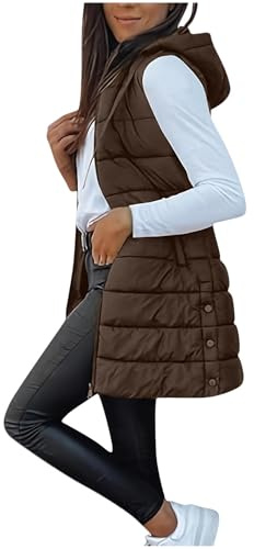 Women's Gilets Long Hooded Quilted Gilet Zip Up Sleeveless Lightweight Windproof Waistcoat Padded Winter Down Jacket Longline Body Warmer Thick Parka Tank Top Outwear Coat with Pockets