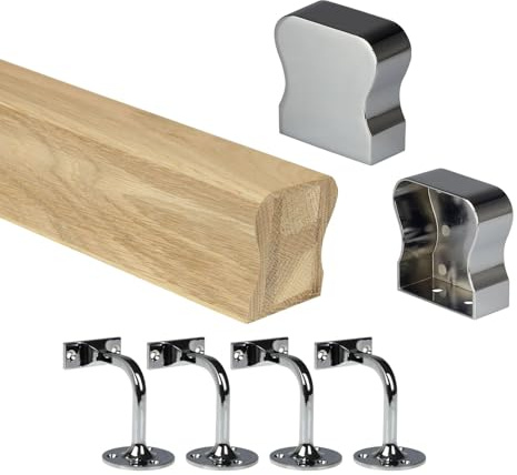 Oak HR Wall Mounted Handrail Kit Oak Handrail with End Caps & Wall Brackets - Chrome, Black, Nickel - 1800mm 2400mm 3600mm 4200mm Lengths (Chrome, 3600mm)