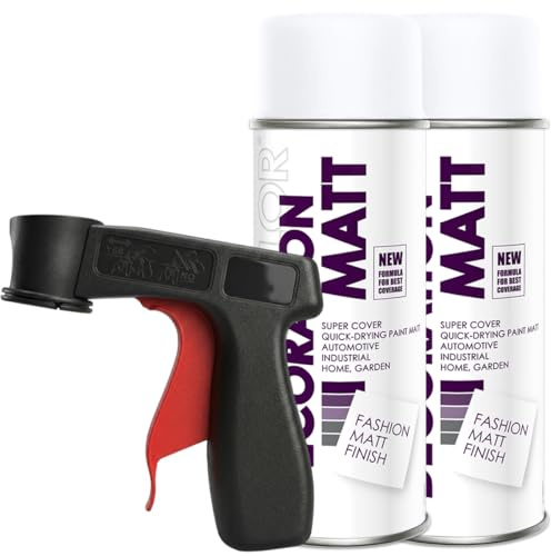 Craft-Equip DC 2er Sparpack Lackspray Matt nach RAL in 400ml zur Lackierung von Auto Stahl Aluminium Beton Holz und Haltegriff (2 Dosen in verkehrsweiss MATT RAL 9016 + Haltegriff)