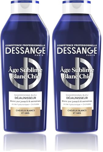DESSANGE - Shampoing Bleu Déjaunisseur Âge Sublime Blanc Chic - Formule Enrichie En Acide Hyaluronique & Extrait D'Orchidée - Neutralise Les Reflets Jaunes - Cheveux Blancs & Gris - 280ml (Lot de 2)