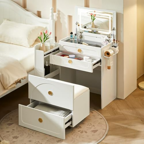 TUKAILAI 3 in 1 Schminktisch mit Klappspiegel Kosmetiktisch mit sichtbarer Glasplatte, 3 Schubladen, Seitiger Stauraumund, Aufbewahrungshocker, Vanity Table für kleine Räume Schlafzimmer, Weiß