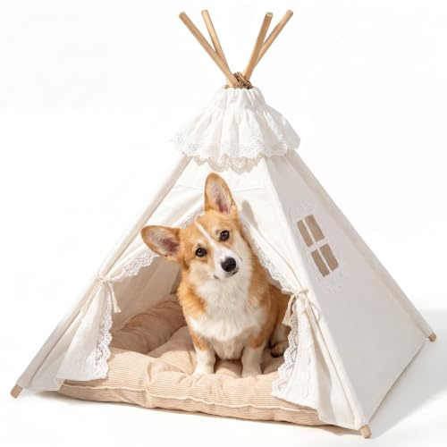 Tipi Zelt für Hunde und Katzen 40x40x50cm, 5-Eckiges Kiefernholz Haustierzelt mit Doppelseitigem Kissen, Waschbare Hundehöhle für Kleine Hunde & Welpen bis 7kg Indoor, Cremeweiß