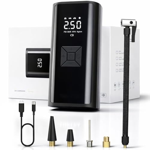Compressore Aria Portatile 6000mAh Gonfiatore Pneumatici Auto Moto Bici, Mini Compressore Elettrico Senza Fili con Display Digitale LED, Arresto Automatico, Luce LED e Ricarica USB-C