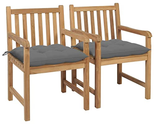 YuuSsea Trädgårdsstolar 2 st med grå kuddar av massivt teak 58 x 60 x 90 cm för balkong, terrass och utomhus, med bekvämt armstöd och väderbeständig design