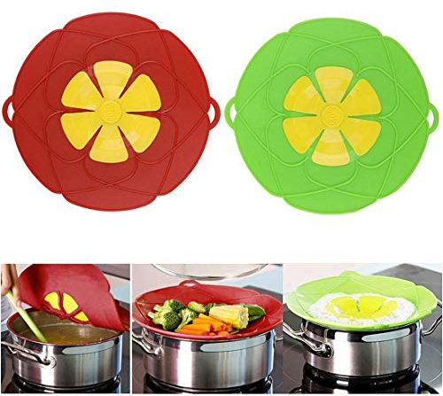 2Pcs Spill Stopper Lid Cover, Boil Over Safeguard, 10.2 inch Silicone Spill Stopper Pot Pan Lid, Multi-Function Cooking Tool, Kitchen Gadgets, for Cooking Cover, Parents, Friends, Green& Red